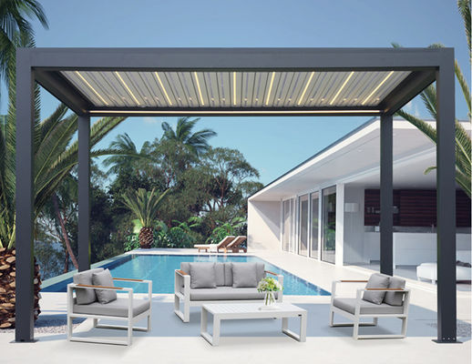 Telescopic Garden Aluminum Louvered Pergola 5.8m Bioclimatic 3000K Yellow Rainproof
